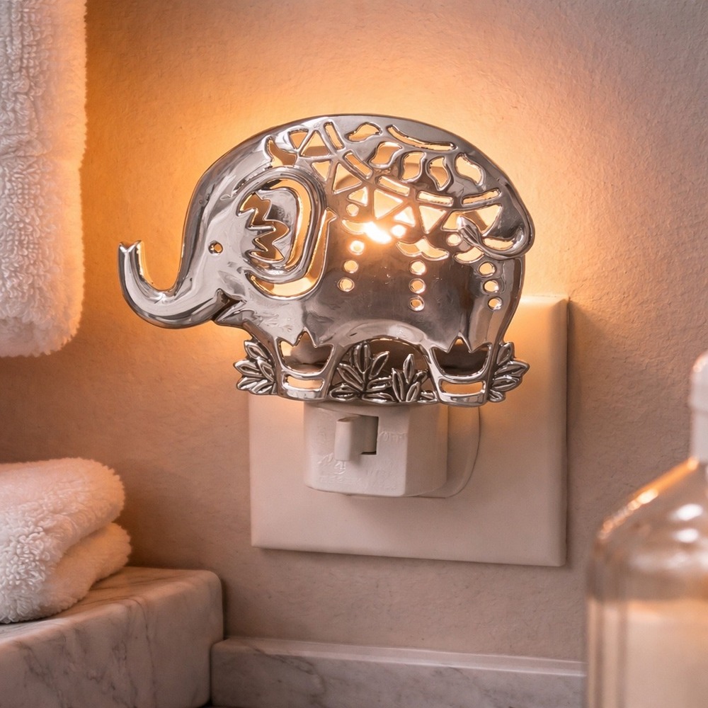 Midwest CBK Elephant Night Light Silver Metal Plug In Nursery Kids Room NEW